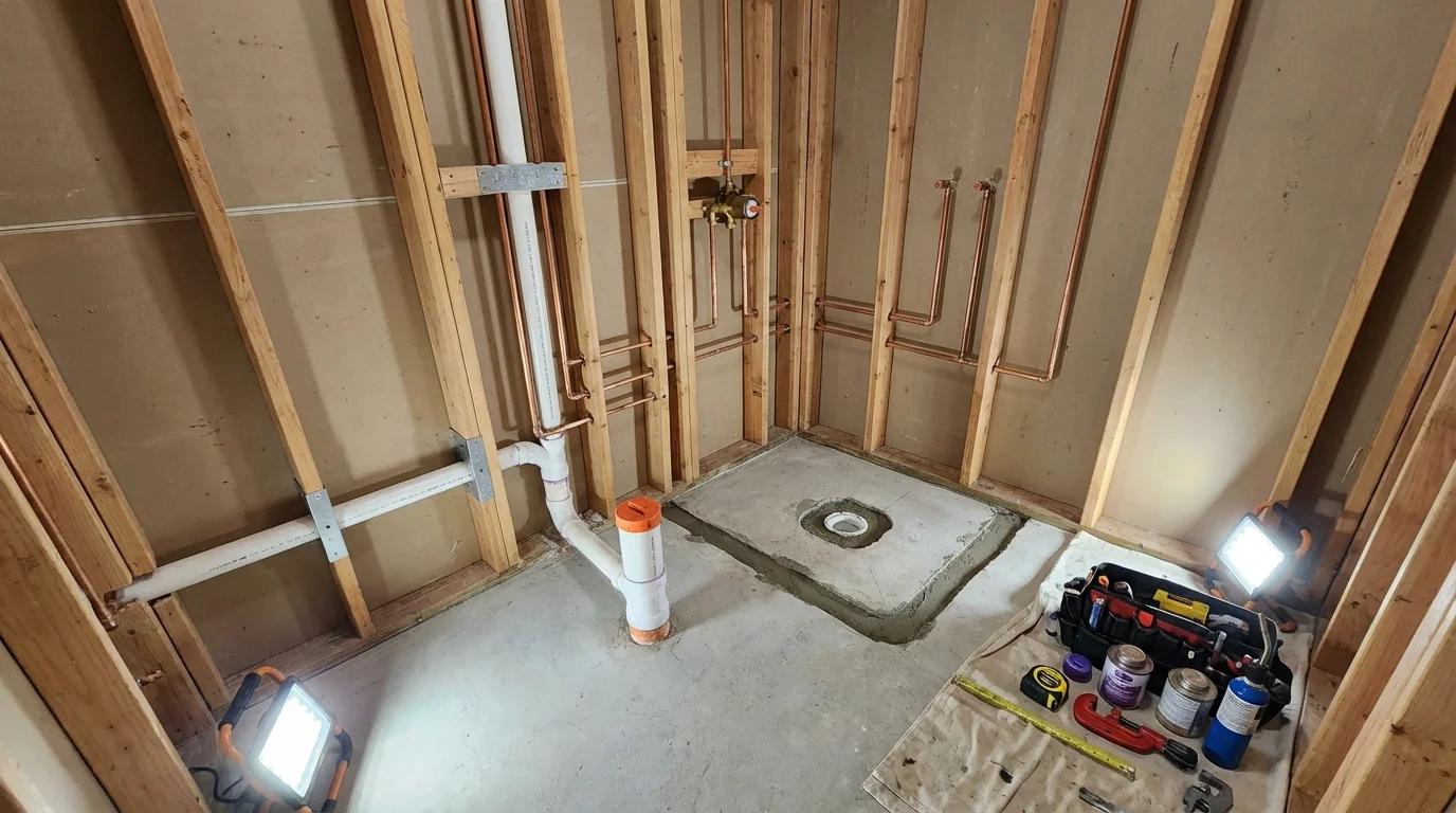 Bathroom rough-in plumbing during remodel by Johns Plumbing LLC in Lucerne Valley