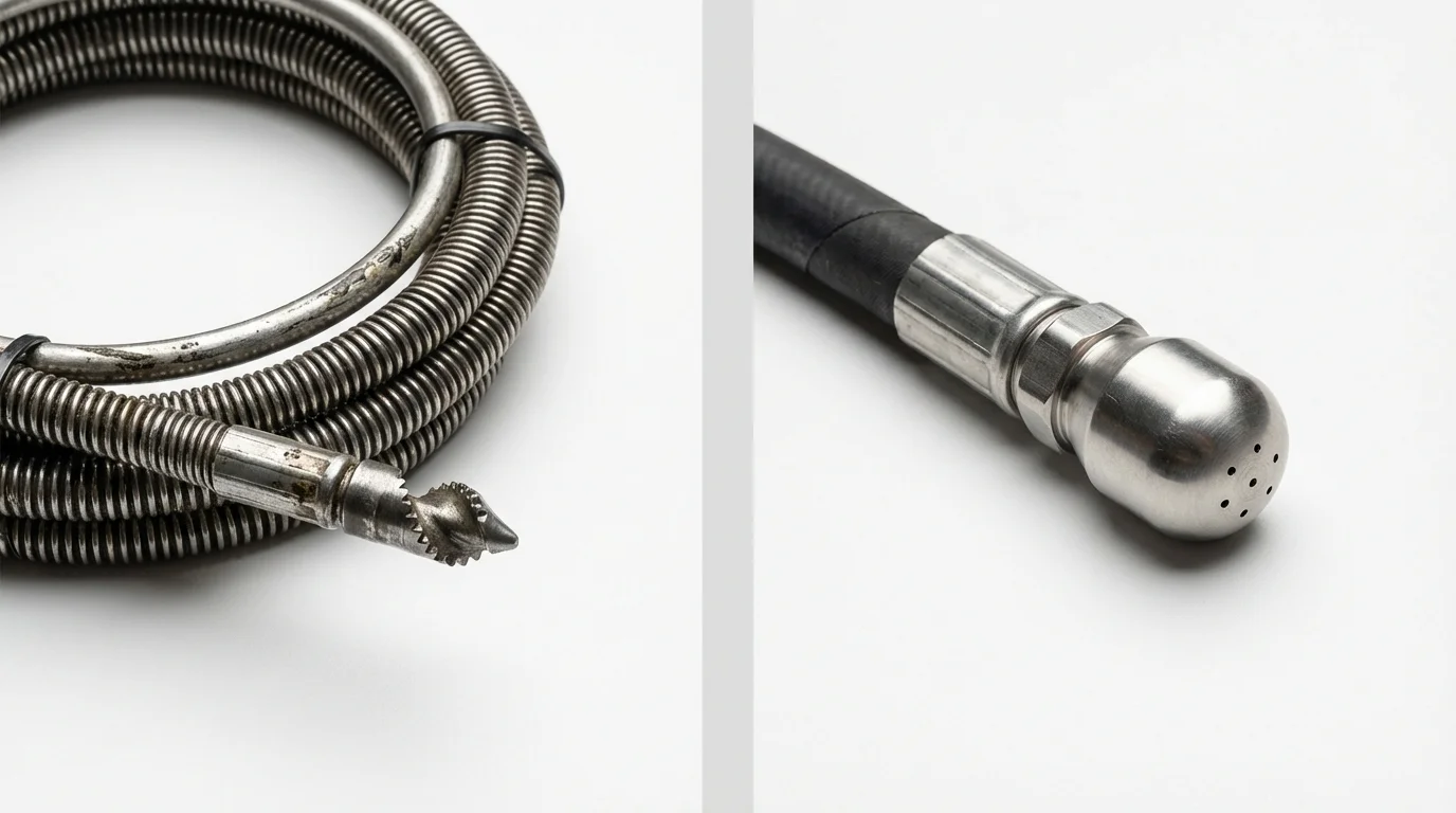 Drain snake cable and hydro jetting nozzle used for drain cleaning in Lucerne Valley, CA