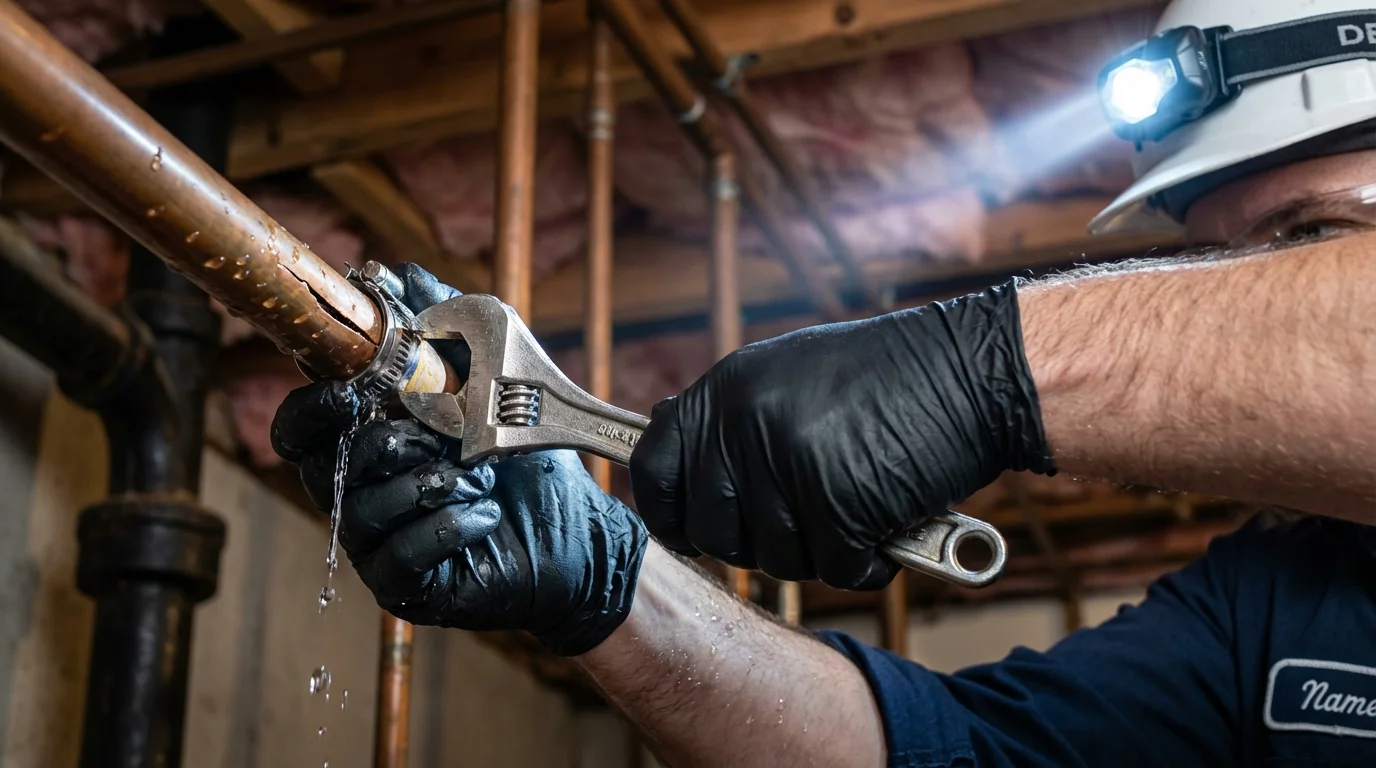 Emergency pipe clamp repair being performed by a Johns Plumbing LLC plumber in Lucerne Valley