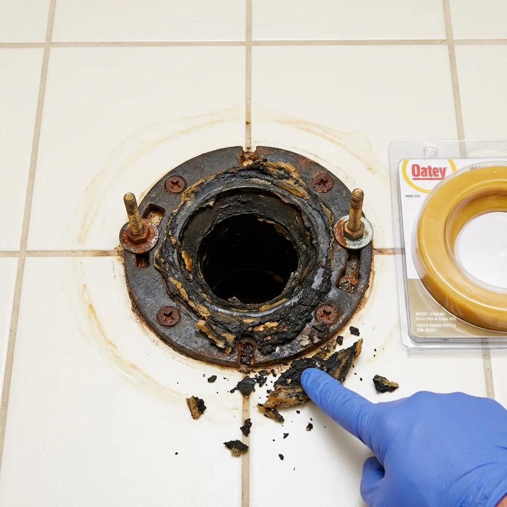 Failed wax ring showing water seepage at the base of a toilet in a Lucerne Valley, CA home