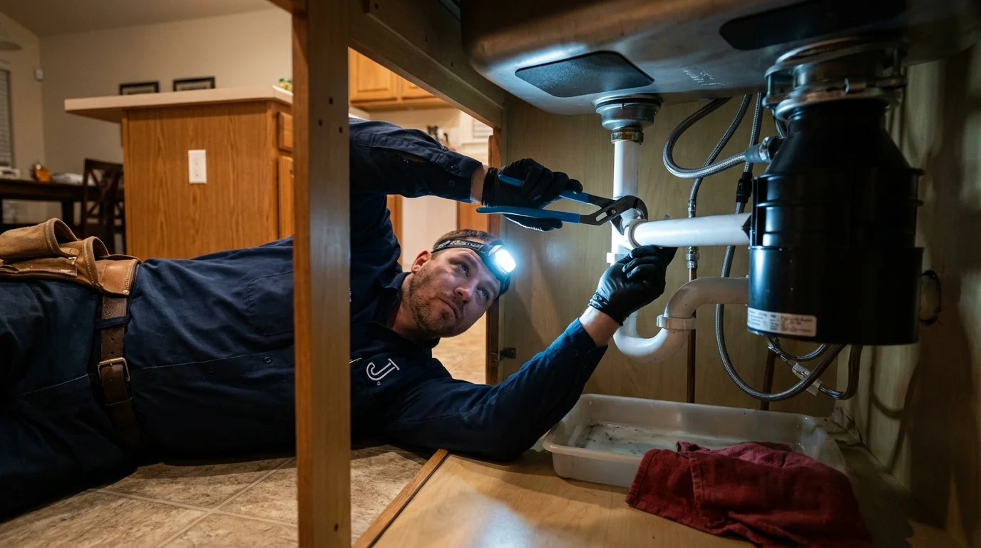 P-trap and supply line connections under a kitchen sink showing a common leak point in Lucerne Valley, CA